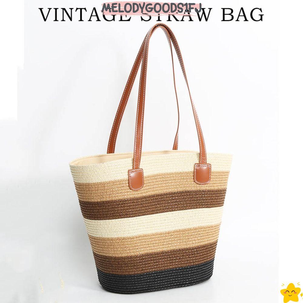 MELODYGOODS1FJ Tote Bag, Stripe กระเป๋าสะพายทอความจุขนาดใหญ่, กระเป๋าถือซิปฟางทรงสี่เหลี่ยมลําลองวันหยุด