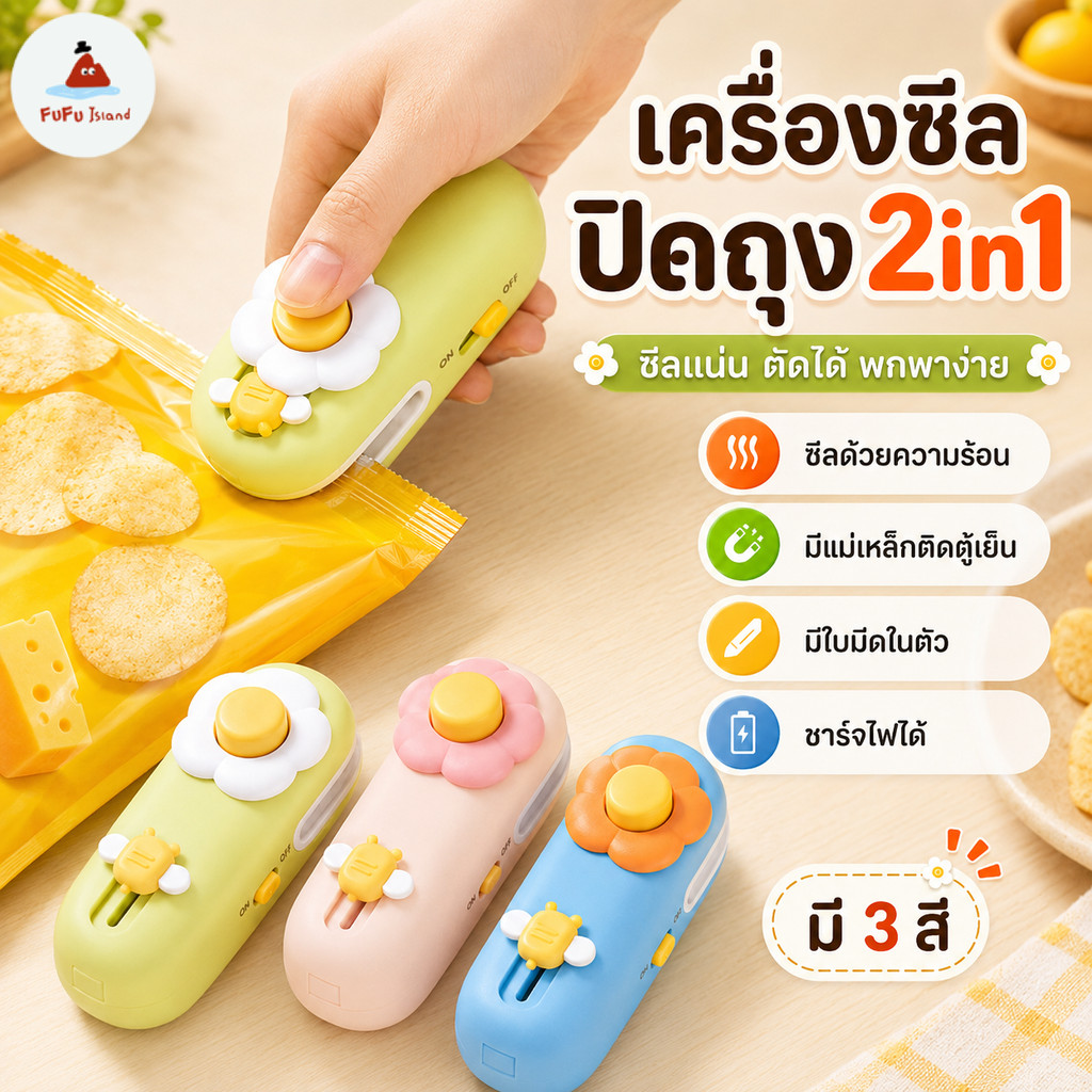 เครื่องซีลถุงพกพา 2in1 มีดตัดถุง+แม่เหล็กติดตู้เย็น ชาร์จUSB หัวซีลร้อนปิดผนึกแน่น เก็บขนมอาหารแห้งครัวบ้าน