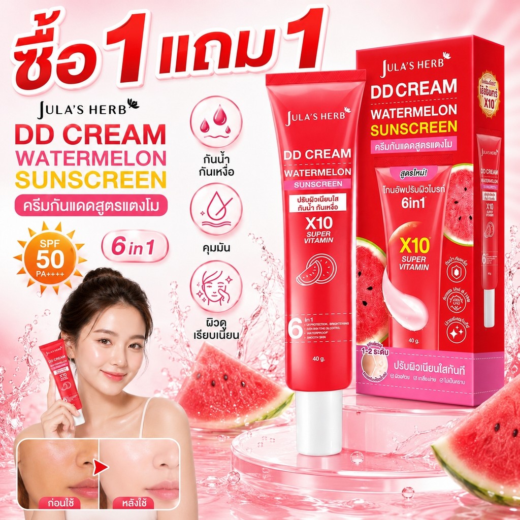 ซื้อ1แถม1🌟JULA'S HERB DD Cream กันแดดสูตรแตงโม SPF50 PA++++ คุมมัน กันน้ำ กันเหงื่อ ผิวเรียบเนียน 40 กรัม