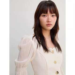 [Pomelo] เสื้อเชิ้ตแขนพองทรงเข้ารูป / Puffed Long Sleeve Top