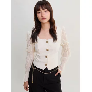[Pomelo] เสื้อเชิ้ตแขนพองทรงเข้ารูป / Puffed Long Sleeve Top
