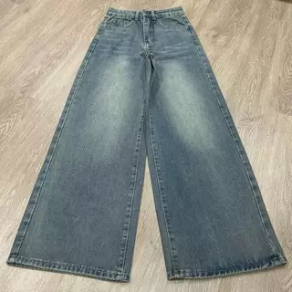 #1989 (XS-6XL) jinjeans กางเกงทรงขากระบอกใหญ่ Baggy สาวอวบ ทรงหลวม ขาบาน เอวสูง (Blue Vintage )
