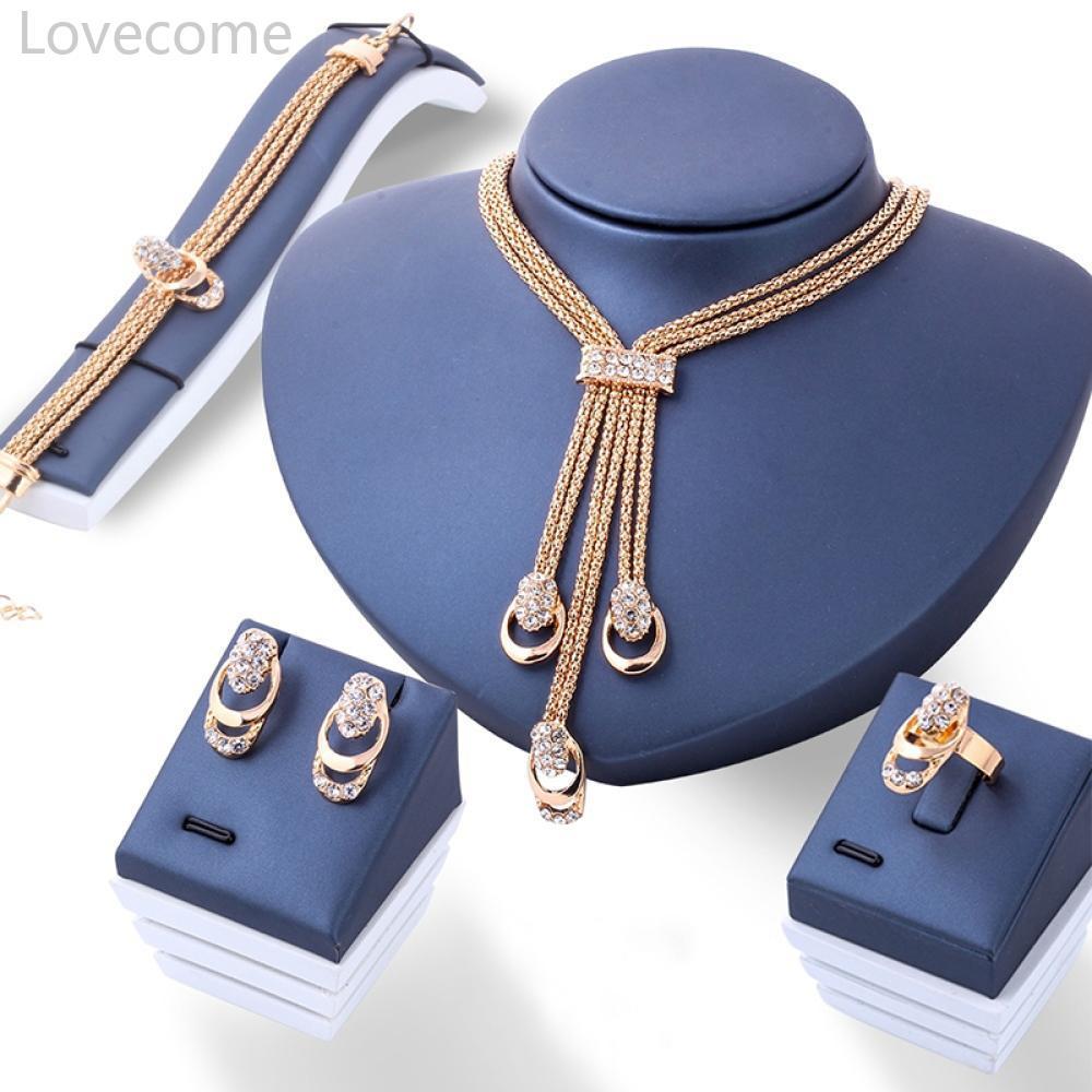 Lovecome ผู้หญิง 18K Gold Plated คริสตัลสร้อยคอสร้อยข้อมือแหวนต่างหูพู่ชุดเครื่องประดับ C2V8