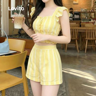 (New Arrival) Lovito เสื้อหรือกางเกงสไตล์หรูหรา ขอบระบายลูกไม้ สีเหลืองสดใส ชุดสูทฤดูร้อนสําหรับผู้หญิง เกาหลี อินเทรนด์ LK7AD248