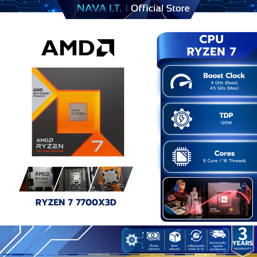 AMD CPU (ซีพียู) RYZEN 7 7700X3D 4 GHz
