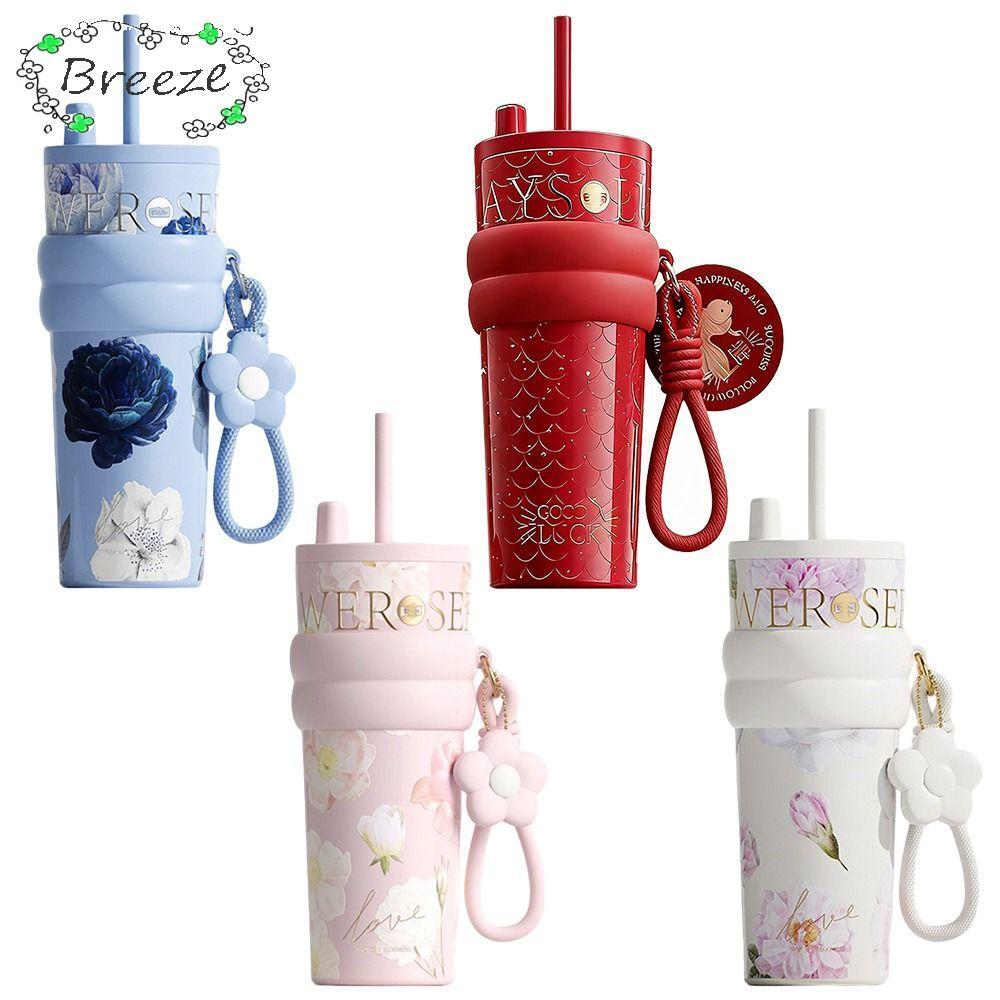 BREEZE แก้วเก็บความเย็นเครื่องดื่มคู่ความจุขนาดใหญ่ถ้วยฟางมูลค่าสูงเก็บความเย็นและร้อนเซรามิคเคลือบด้านในซับกระติกน้ําสูญญากาศแบบพกพารถ