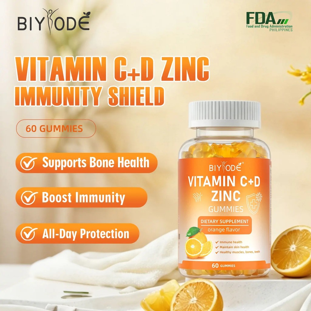 BIYODE Vitamin C+D Zinc Gummies - 60 Gummies มังสวิรัติพร้อมวิตามินซี, D3, Zinc & Calcium for Immune
