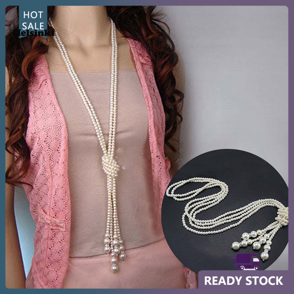 HLS ผู้หญิง Elegant Faux Pearl พู่จี้ยาว Charms เสื้อกันหนาวสร้อยคอ