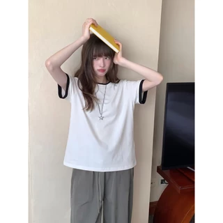 B&R พร้อมส่ง เสื้อยืดแขนสั้นคอกลม เสื้อทรงหลวมตัดสีขอบ เนื้อผ้านุ่มไม่ยับ ผู้หญิงฤดูร้อน สไตล์เกาหลี