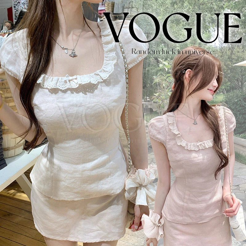 Vogue🌟พร้อมส่ง🌟 เสื้อแขนสั้นระบายลูกไม้สไตล์เกาหลี ทรงเข้ารูปน้ำหนักเบาใส่ได้หลากหลายโอกาศ (A2432)