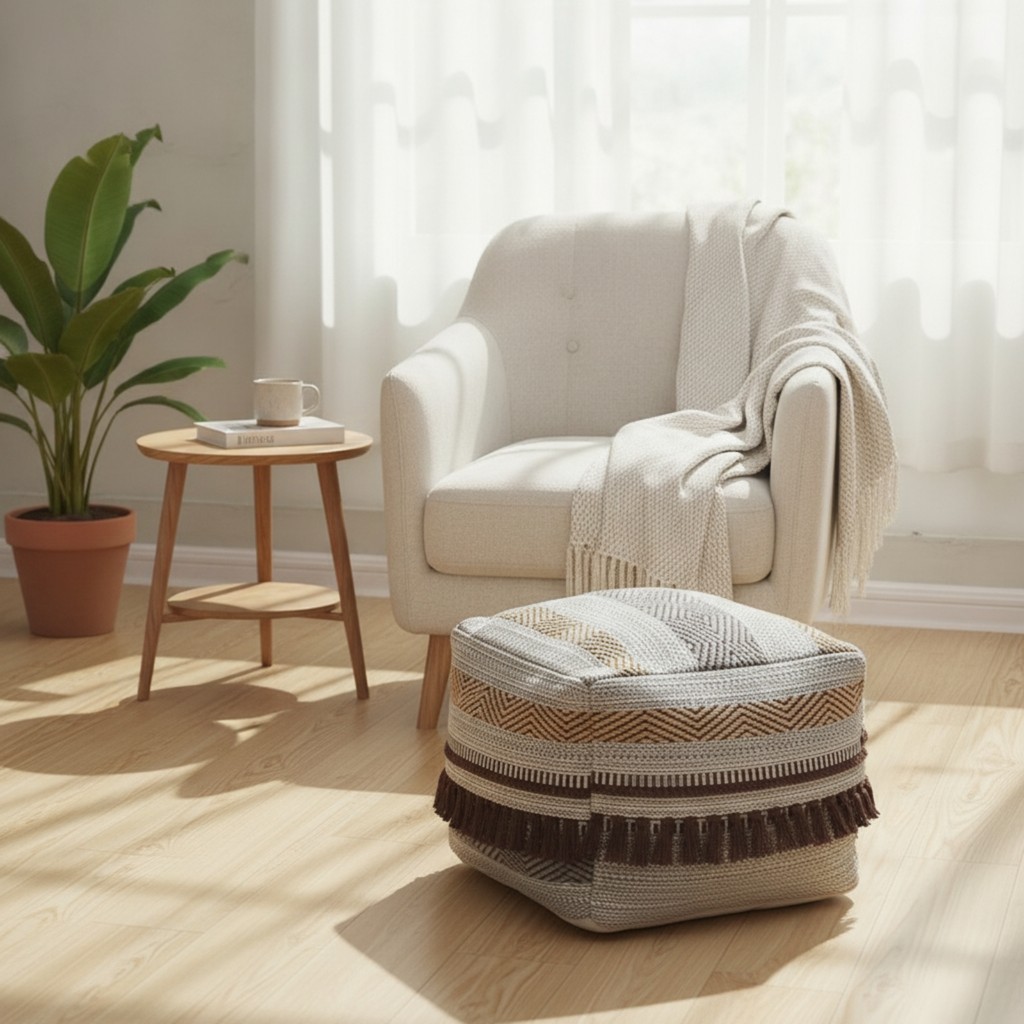 พื้นทอ Ottoman Compact Cube Ottoman Upholstered สตูลวางเท้า Cozy Seat Cube อเนกประสงค์สําหรับห้องนั่
