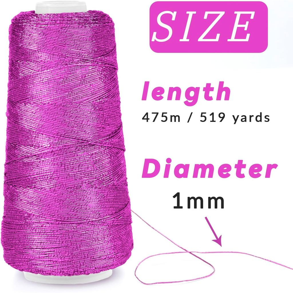 CAMAL Glitter เส้นโลหะ 1 มม.x 519 หลา Sparkly เส้นด้ายสําหรับโครเชต์, ด้ายโลหะหรูหราที่มีสีสัน 3ply 