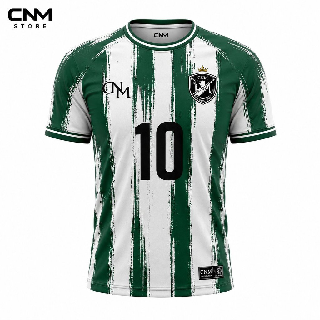 เสื้อฟุตบอลผู้ชาย CNM เบอร์ 10 ลายแถบแปรง Classic Brush Stripe เสื้อบอลแขนสั้นคอกลม ผ้าแห้งไว ระบายอากาศ สีเขียวขาว