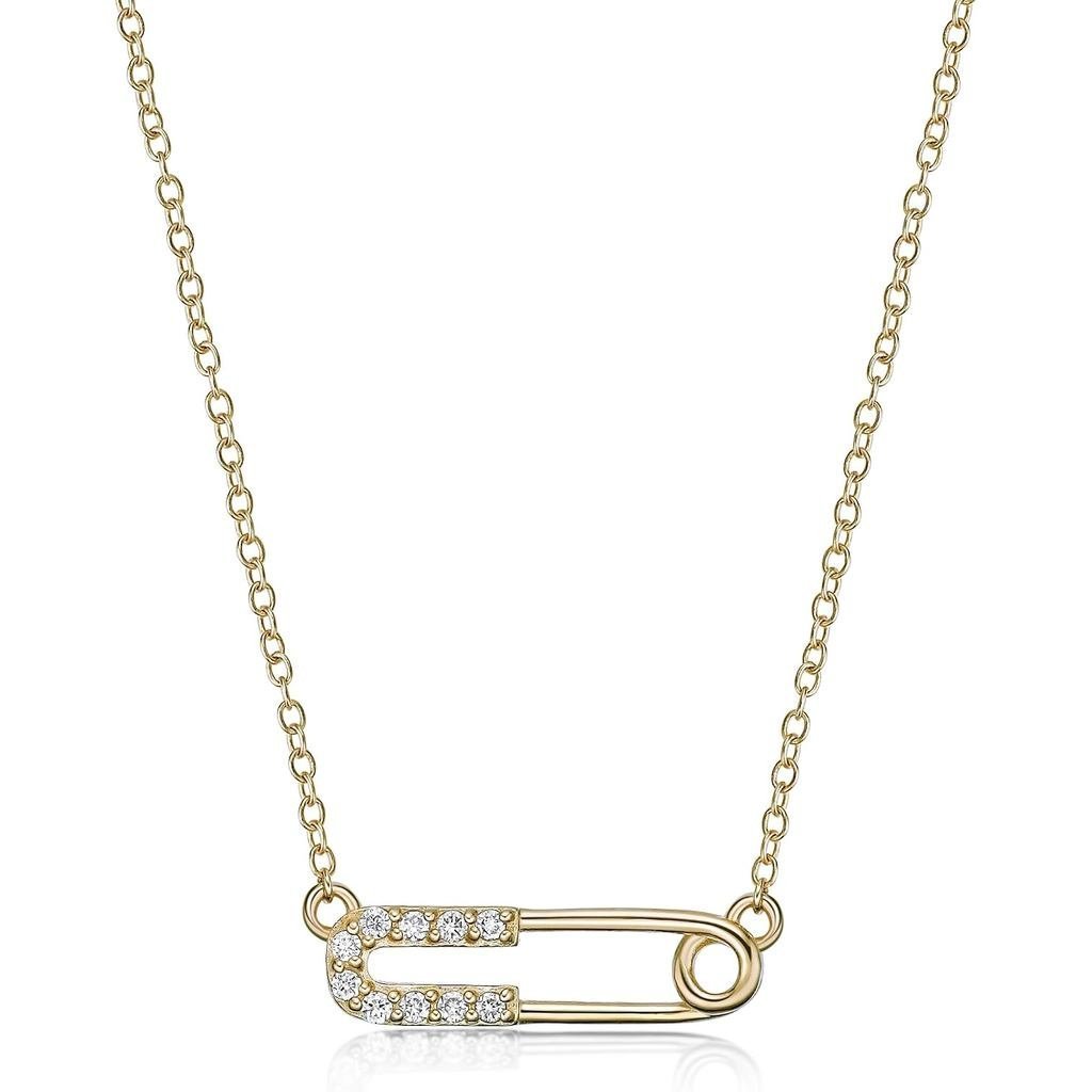 Lavari Jewelers Lab Grown Diamond Safety Pin Pendant Necklace for Women - 18k Yellow Gold Plated 925