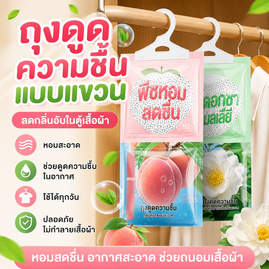 ดูดซับความชื้นและลดกลิ่นอับ ถุงแบบแขวนพร้อมกลิ่นพีชและดอกคามิเลีย เหมาะกับตู้เสื้อผ้า ห้องนอน และห้องน้ำในบ้าน