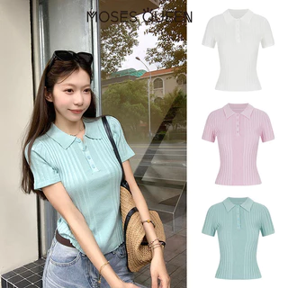 MOSESQUEEN เสื้อถักนิตติ้งสีน้ําเงินอย่างมากของผู้หญิงสําหรับฤดูร้อนน้ําหนักเบาเสื้อโปโลสไตล์วัยรุ่นแขนสั้น #69076