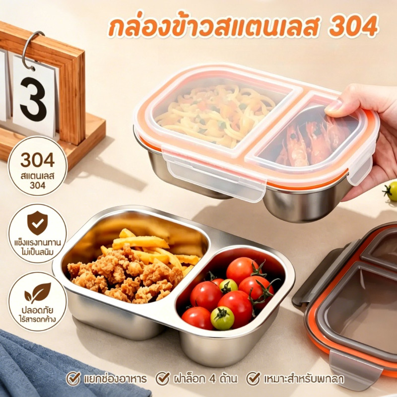 กล่องข้าวสแตนเลส304 กล่องเก็บอาหาร 2 ช่อง ปิดสนิทกันรั่ว เข้าไมโครเวฟได้ ความจุใหญ่ สุญญากาศ