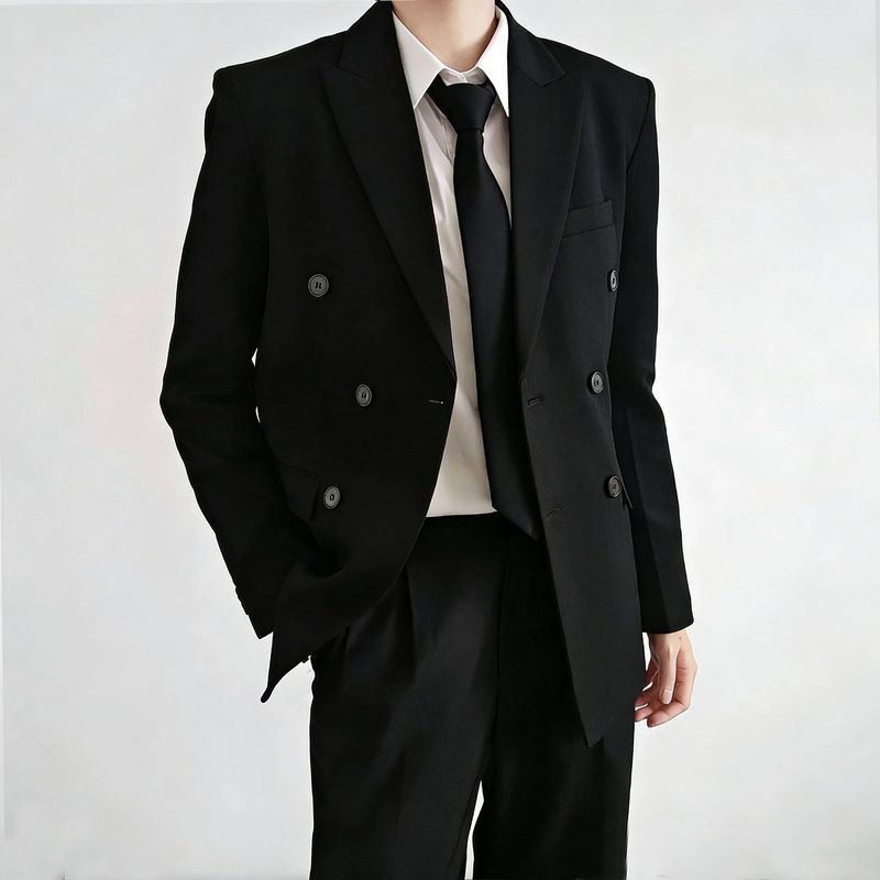 韩版双排扣西装男外套男士潮牌修身商务伴郎服新郎结婚礼服西服男2607025 Korean-style double-breasted men's suit jacket, trendy slim-fi