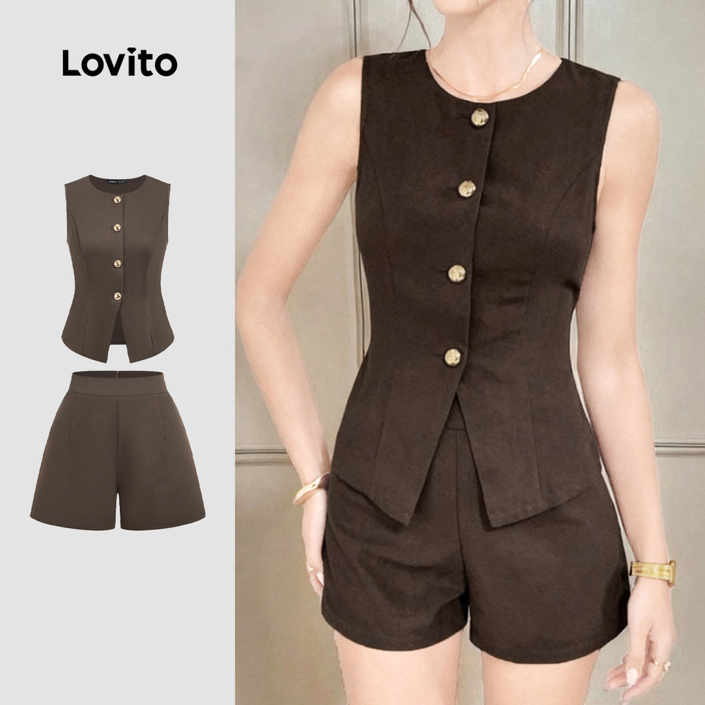 Lovito สง่างาม เสื้อผ้า หรือกางเกงกดสำหรับฤดูใบไม้ผลิ/ฤดูร้อน ชุดสีน้ำตาล สำหรับผู้หญิง เกาหลี อินเท