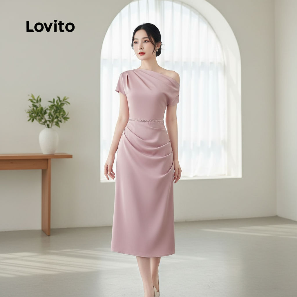 Lovito สง่างาม ชุดเดรสลําลองสีชมพู ทรงไม่สมมาตร เหมาะกับฤดูใบไม้ผลิและฤดูร้อน สําหรับผู้หญิง L164ED352