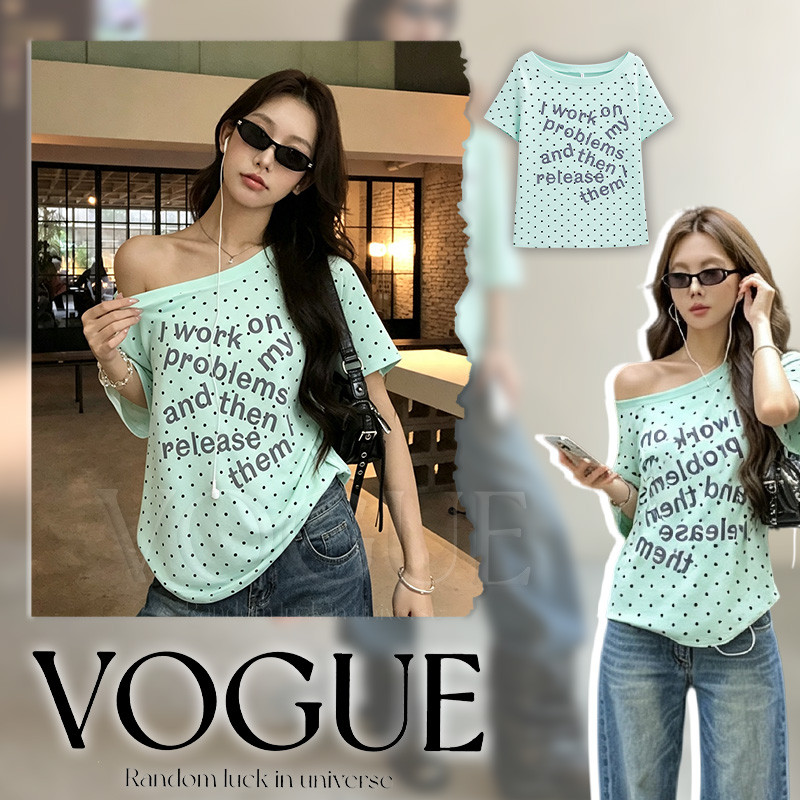 Vogue พร้อมส่ง เสื้อยืดแขนสั้นสีเขียวมิ้นต์สดใสลายจุด สไตล์เกาหลีสำหรับฤดูร้อน ลายพิมพ์ตัวอักษร (FYP148)