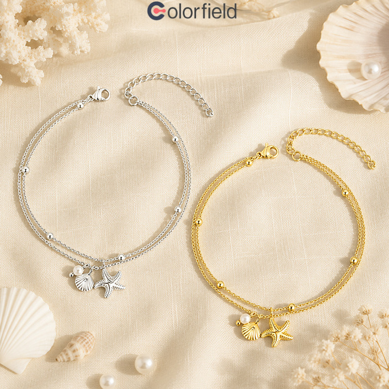 Colorfield สร้อยข้อเท้าสองชั้นรูปปลาดาว จี้รูปเปลือกหอย สวยงาม ทันสมัย ​​มีสไตล์ สำหรับผู้หญิง-COD