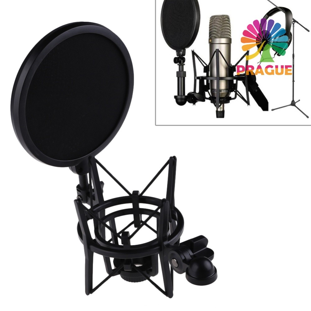 Mic Shock Mount Holder Professional ขาตั้งไมโครโฟน Shock Mount พร้อมโล่กรองหน้าจอสตูดิโอขาตั้งสีดํา