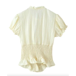 Ruffle Tie Blouse เสื้อเบลาส์ผู้หญิงคอผูกโบว์ขอบฟริลล์ แขนพองเอวย่นรัดทรงสัดส่วนดี ผ้าลายร่องบางเบา มี2สี ครีมอ่อน/น้ำตาล S-L
