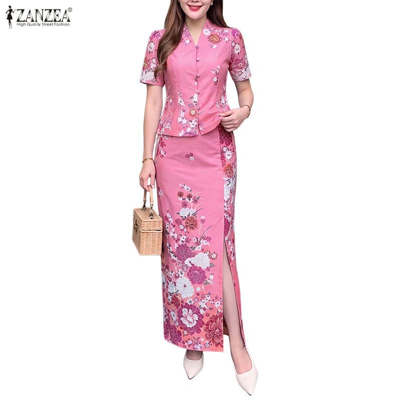 ZANZEA ผู้หญิงเกาหลี Elegant Modes V คอเสื้อแขนสั้น Slit Bodycon Oversirt ดอกไม้พิมพ์ชุดสองชิ้น
