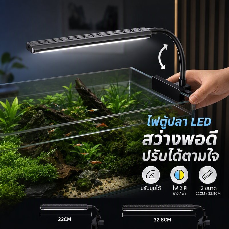 ไฟตู้ปลา LED แบบหนีบ ปรับมุมได้ 360 องศา แสง 3 โหมด เสียบปลั๊กหรือ USB สำหรับปลาและไม้น้ำ
