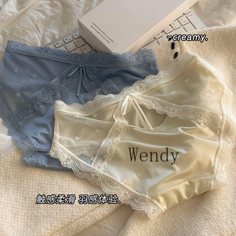 [Wendy] กางเกงชั้นในสตรีภาษาฝรั่งเศสคําเซ็กซี่ Hollow Semi-Transparent Lace Soft Breathable Mid-Wais