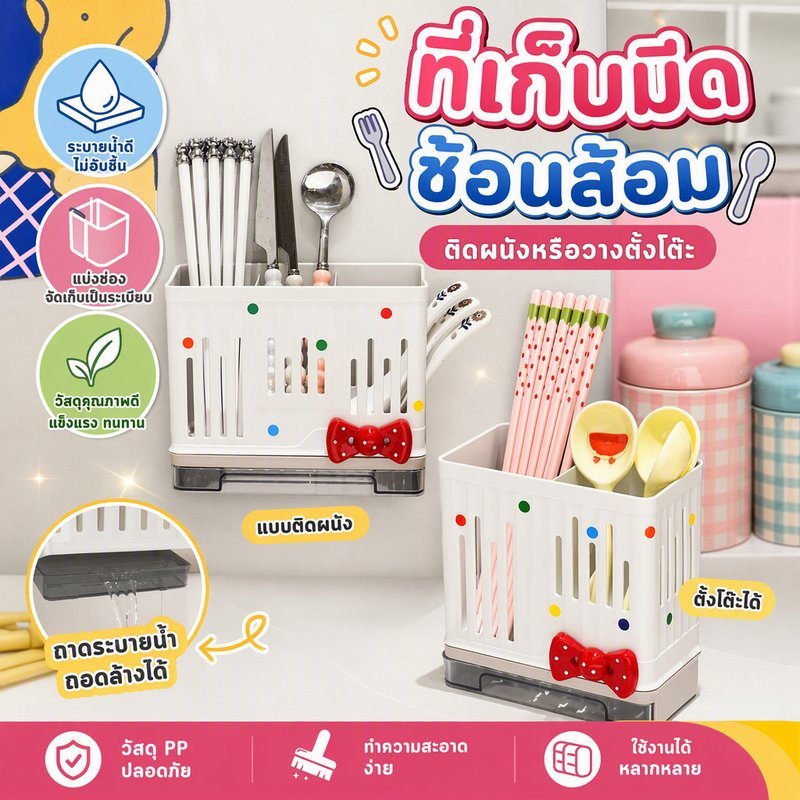 ที่เก็บมีด ที่เก็บช้อนส้อม มีช่องระบายน้ำ เคาน์เตอร์ครัว ที่จัสีครีมน่ารัก ติดผนัง ดเก็บอุปกรณ์ในครัว ทำความสะอาดง่าย