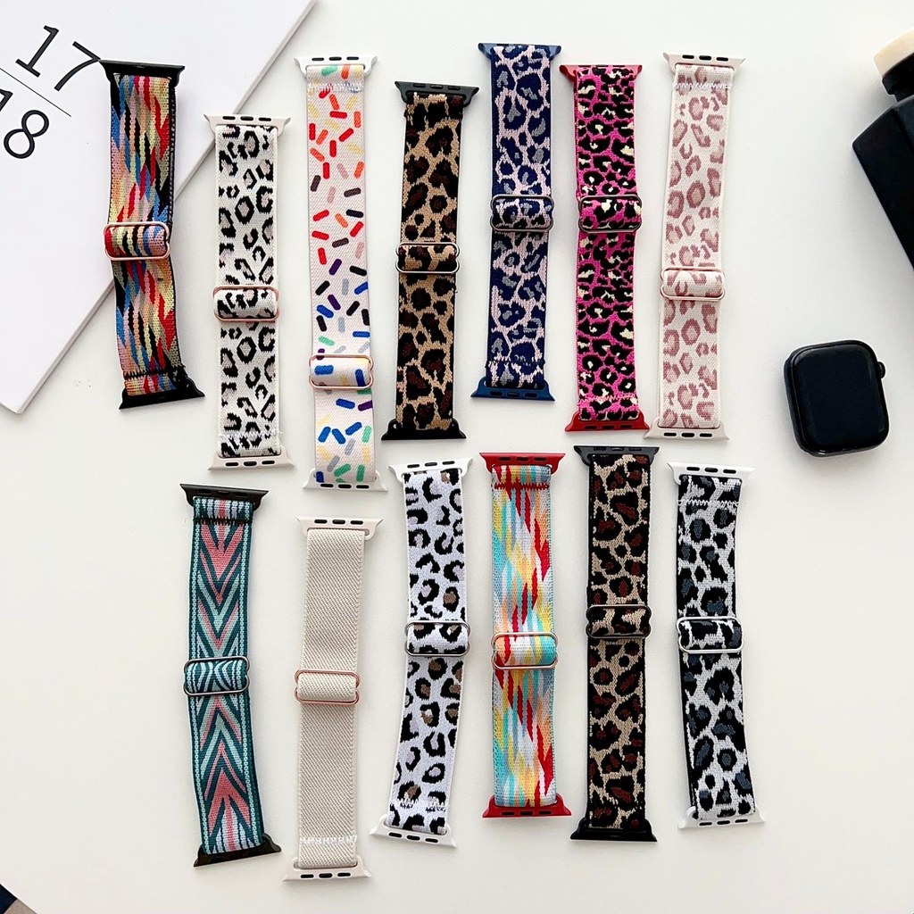 เหมาะสําหรับ Apple Watch 10th Generation สไตล์ชาติพันธุ์เสือดาวพิมพ์สายถักยืดหยุ่นปรับ 46mm1-9th Gen