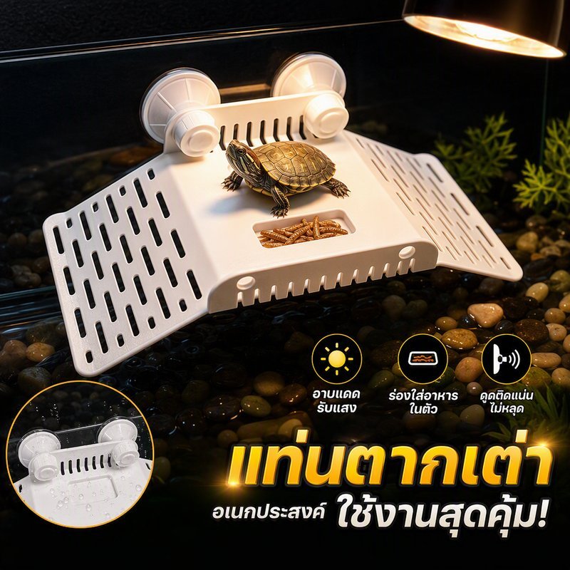 ระเบียงอาบแดดเต่า แพลตฟอร์มพักผ่อน รางให้อาหารในตัว วัสดุปลอดภัย ทำความสะอาดง่าย