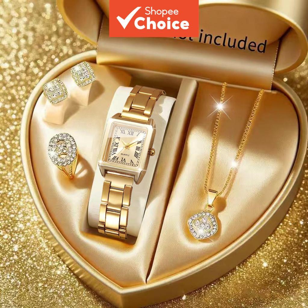 5 ชิ้นแฟชั่นผู้หญิงนาฬิกาควอตซ์ Rhinestone ชุดเครื่องประดับ Square Dial Casual Timepiece ของขวัญ