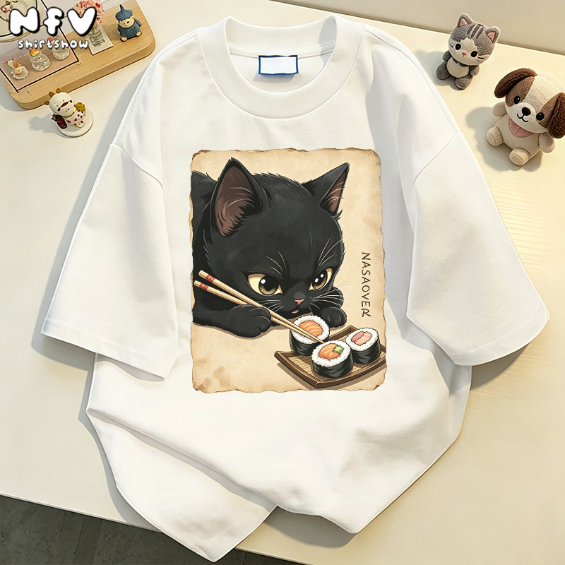 NFV ใหม่ล่าสุด แฟชั่นเกาหลี เสื้อยืดเปล่า ลายแมวน่ารัก ลายแมวน่ารัก ระบายอากาศ ผ้าฝ้าย100% YG169