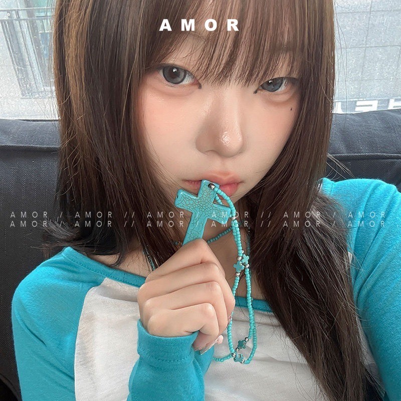 เกาหลี Sweet-cool ความงาม Faux Turquoise Cross ลูกปัดสร้อยคอยาว, Casual เสื้อยืด Layering คอเครื่องประดับสําหรับผู้หญิง