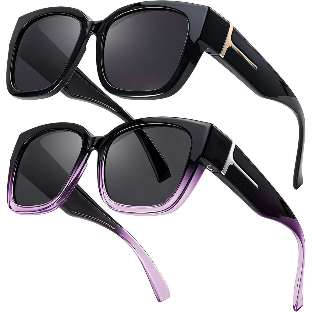 LVIOE 2 Pack Polarized Fit Over แว่นกันแดดสําหรับผู้หญิงผู้ชาย | แว่นกันแดดขนาดใหญ่ Square Over Glas