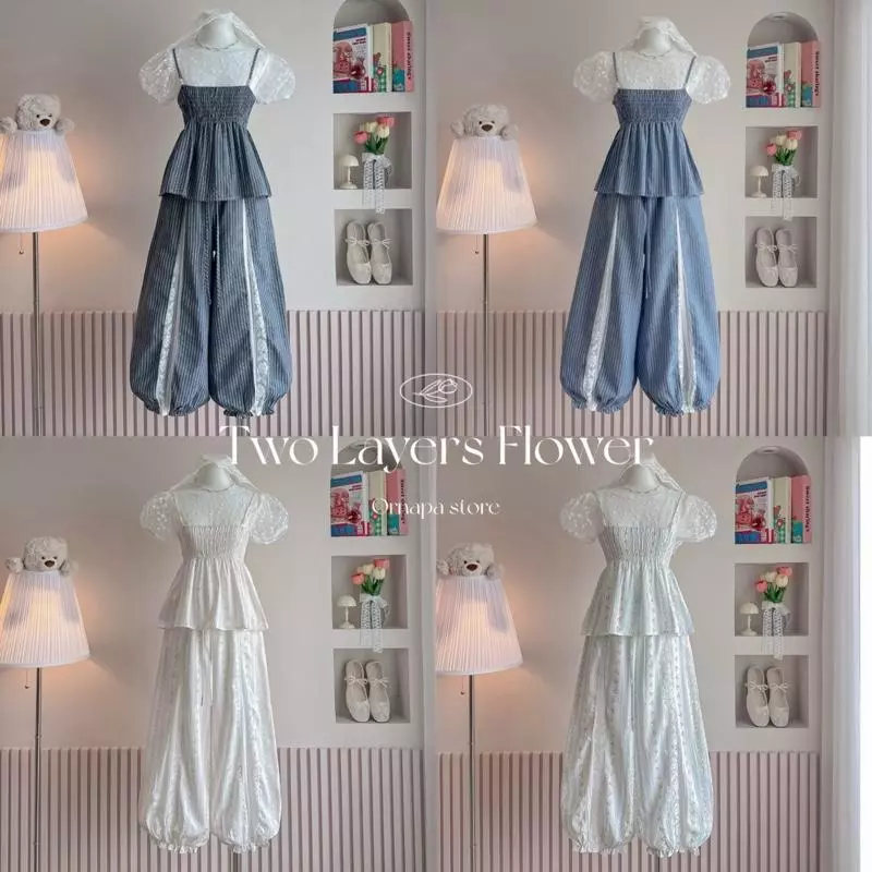 (มีแยกขาย อ่านก่อนกด )Two Layers Flower เสื้อ 2 เลเยอร์ กางเกงขายาวทรงจินนี่