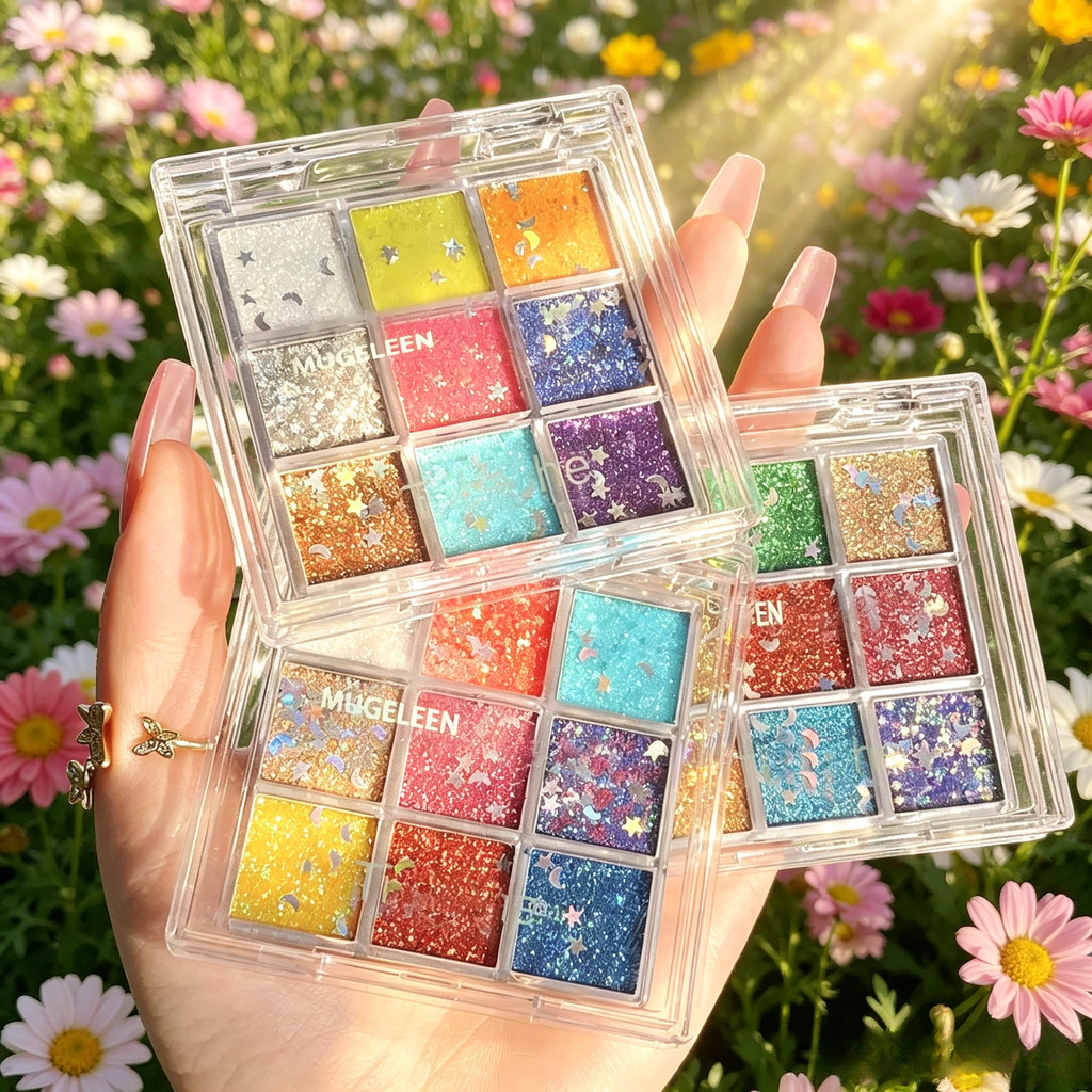 BM-shop:อายแชโดว์เกล็ดประกาย 9 สี มีเกล็ดประกายชุบฝุ่นเล็ก และเกล็ดรูปดวงจันทร์ดาว ใช้ทำเมคอัปเทศกาล เวที ปาร์ตี้ YC4510