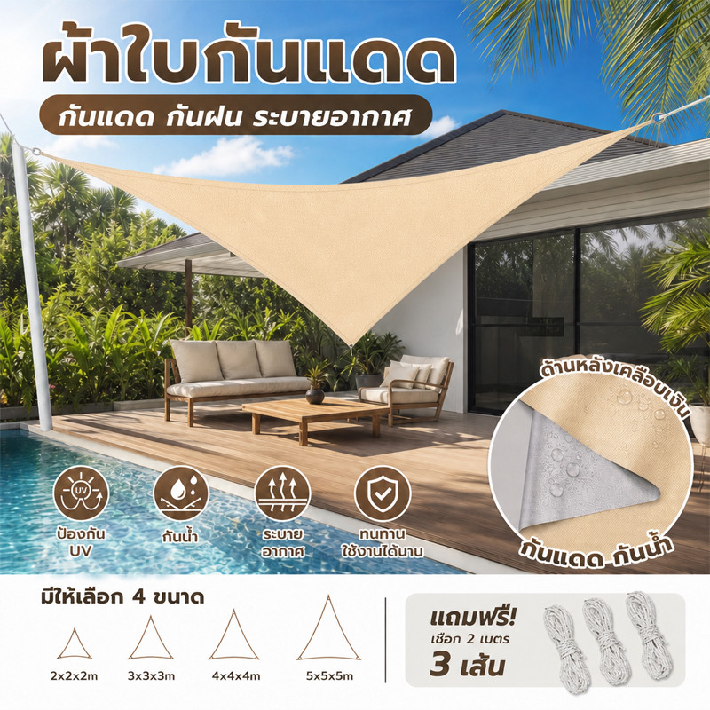 บังแดดสามเหลี่ยม สแลนกรองแสง 90% กันน้ำกันลม ป้องกันรังสียูวี ผ้าใบกันแดด สำหรับสวน ระเบียง กิจกรรมกลางแจ้ง