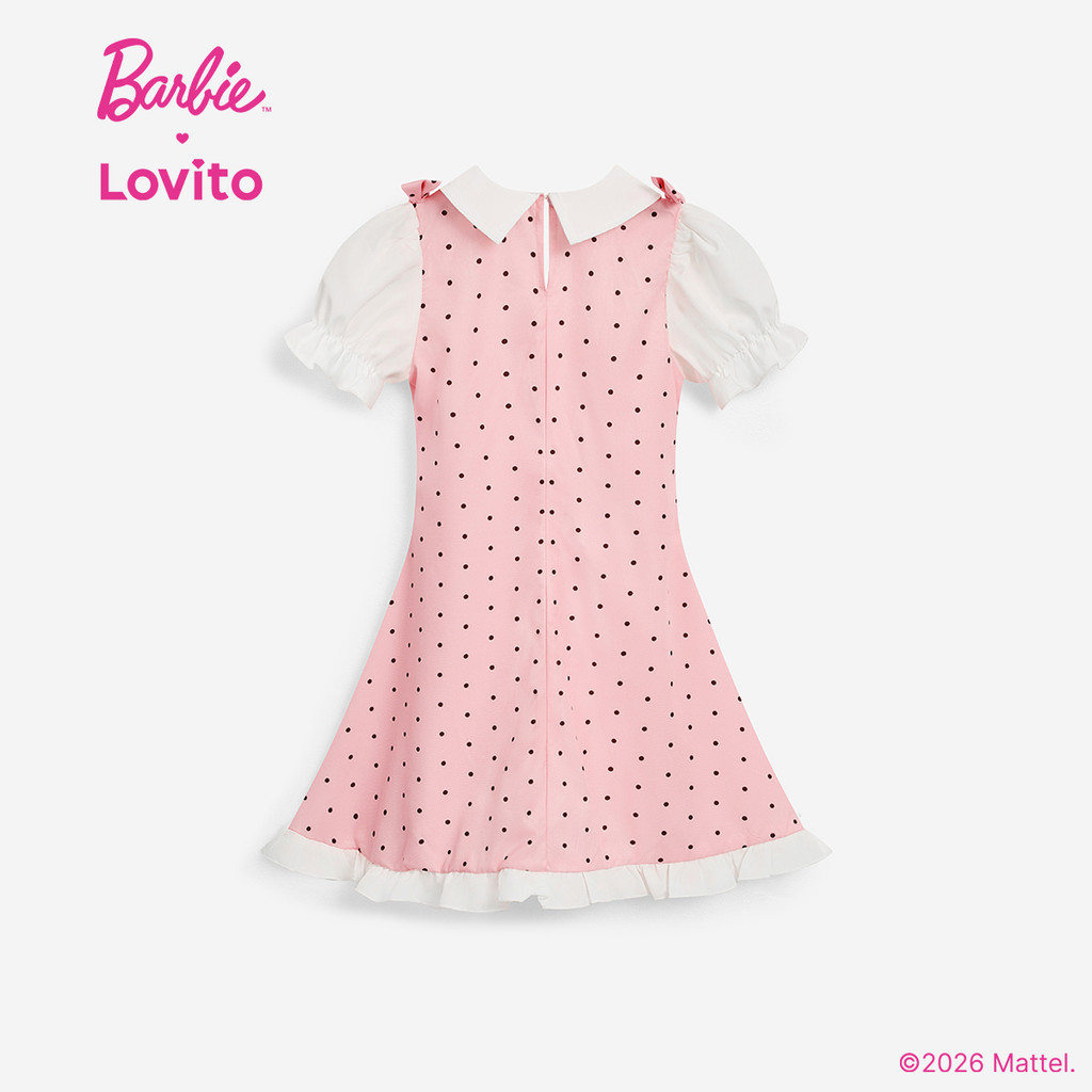 Barbie × Lovito Kids فستان بنات وردي منقط مطرز — صورة 5