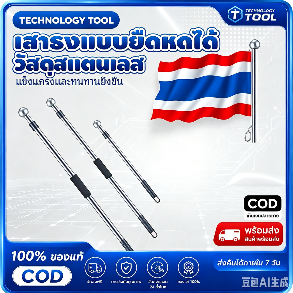 เสาธง เสาธงโบก เสาธงสแตนเลส ปรับระดับได้ 3 เมตร ยืดหดได้ เบา จับถนัดมือ ธงเชียร์กีฬา เสาธง แบบพกพา