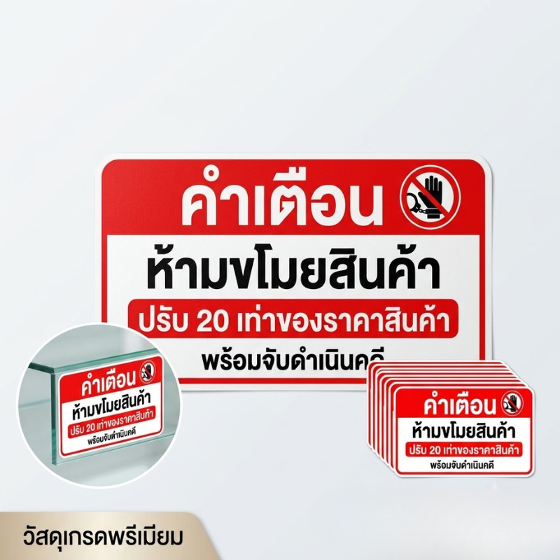 PrintVibe สติกเกอร์ป้ายเตือน "คำเตือน ห้ามขโมยสินค้า ปรับ 20 เท่า" สติกเกอร์กันขโมย ป้ายเตือนร้านค้า ร้านขายของชำ