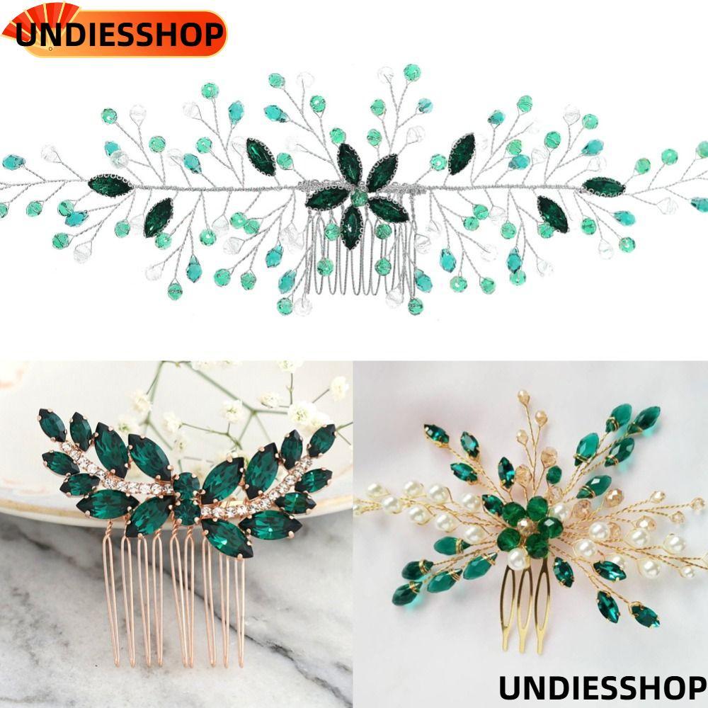 UNDIESSHOP ที่คาดผมใบไม้ดอกไม้ เครื่องประดับผม คริสตัลสีเขียว Tiara คลิปเจ้าสาว