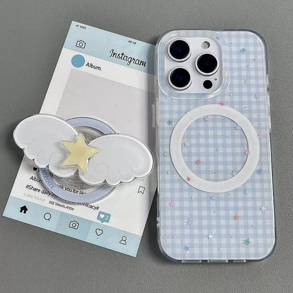 ญี่ปุ่นญี่ปุ่นเกาหลี Blue Lattice Star Wings วงเล็บแม่เหล็กเหมาะสําหรับ Apple 17promax เคสโทรศัพท์ 1
