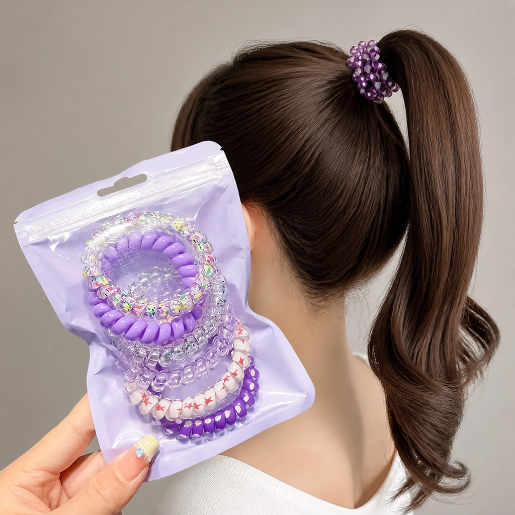 ยางมัดผมสายโทรศัพท์ ชุด 5 เส้น ลายจุดสีสันสดใส ยืดหยุ่น ไม่ดึงผม น่ารัก สำหรับสาวๆ