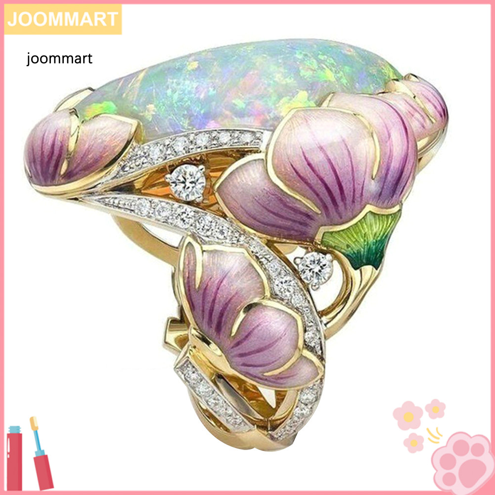 [Jm] Elegant Women Rhinestone โอปอลเทียมฝังดอกบัวแหวนเครื่องประดับปาร์ตี้
