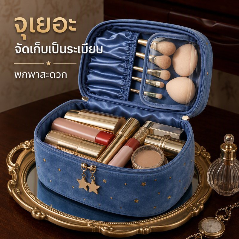 กระเป๋าเครื่องสำอางค์ เนื้อผ้ากำมะหยี่ กระเป๋าถือสวย​ กระเป๋าเก็บของผู้หญิง พร้อมหูจับพกพาสะดวก ความจุใหญ่ อเนกประสงค์