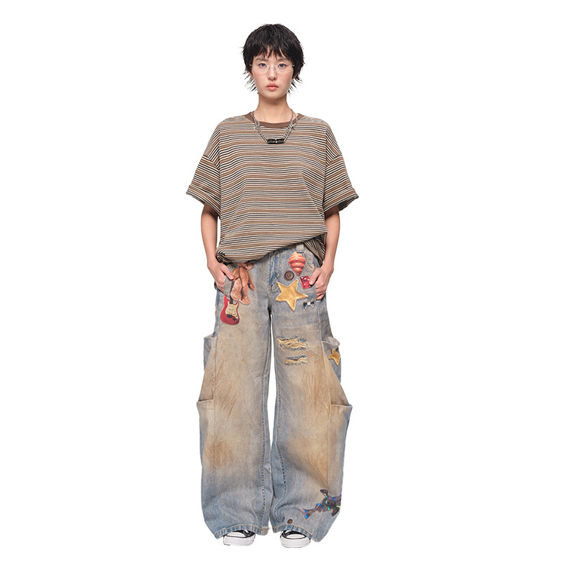 Oink oink Zhoushen Same Style 3D Bear Print Leather Shopee Retro Print Jeans Light Breathable